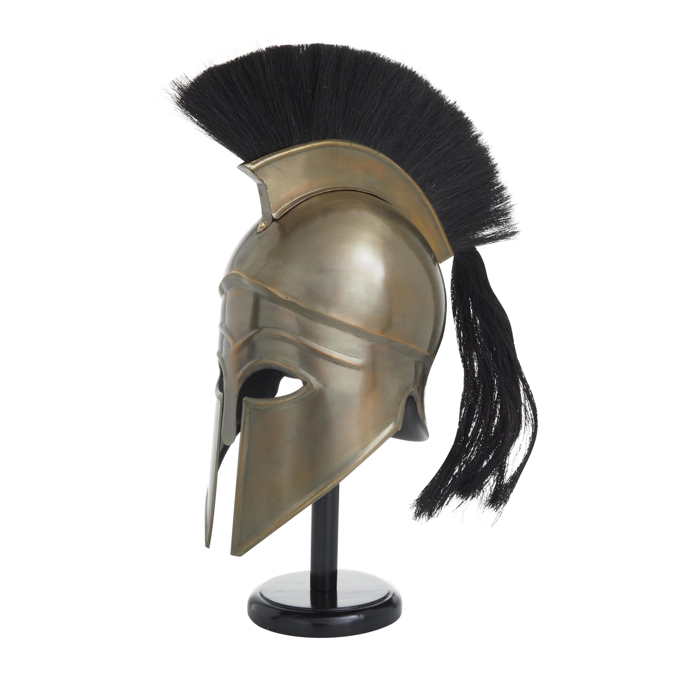 21" Gold Metal Replica Medieval Greek Spartan Mask Helmet with Brown Wood Stand and Plume, by DecMode