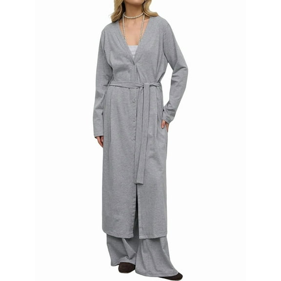 Women'S Basic Solid Color Front Open Extra Long Knit Cardigan Loose Lace-Up Extra Long Cardigan Gray Cardigan S