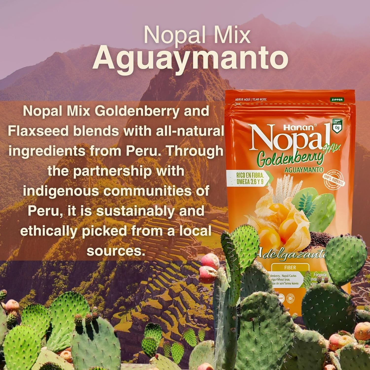 Nopal Mix Aguaymanto 454g - 100% Natural High-Fiber Goldenberry Blend for Digestive Health, Vegan, Non-GMO, Gluten-Free, Keto from Peru (16oz)