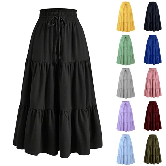SROBPTY Skirts for Women Summer Solid Drawstring Elastic Waist with Pockets Midi for Daily Wear