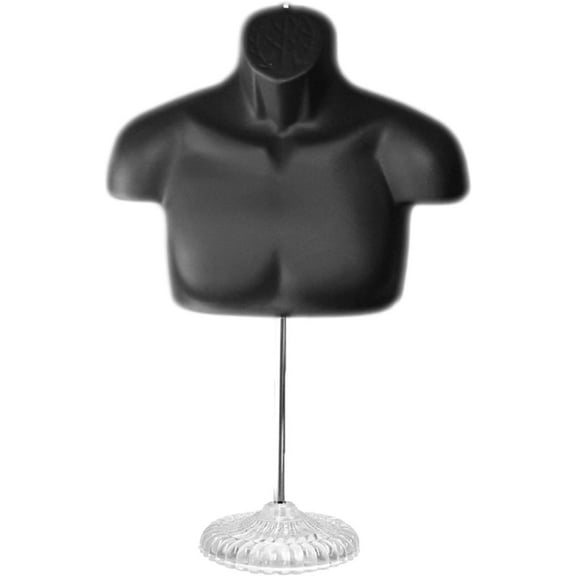 Black Male Mannequin Chest Long Hollow Back Body Torso Set w/ Acrylic Stand with Metal Pole & Hanging Hook, S-M Size (1)
