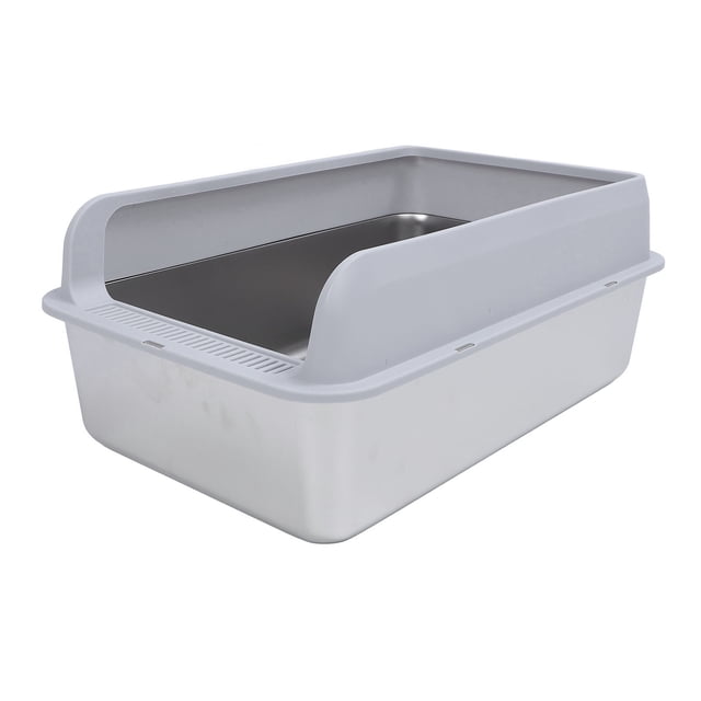 Stainless Steel Cat Litter Box by Fyydes, featuring a high-sided enclosed design with a durable stainless steel interior and a grey plastic outer frame. Includes a non-stick surface for easy cleaning, odor control, and prevention of litter splashing. Comes with a matching litter scoop.