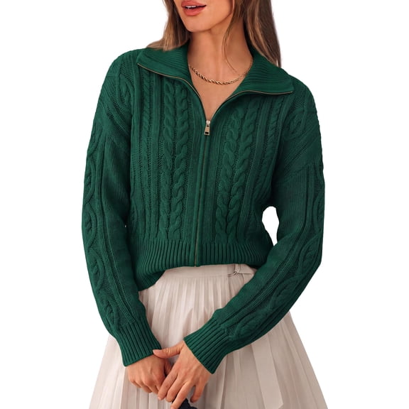 PRETTYGARDEN Women's Cable Knit Cropped Cardigan Sweaters Oversized Sweater, Long Sleeve Zip Up Jacket, Collared Neck, Ribbed Hem, Cozy Soft Casual Wear, Fall Clothes Winter Outerwear