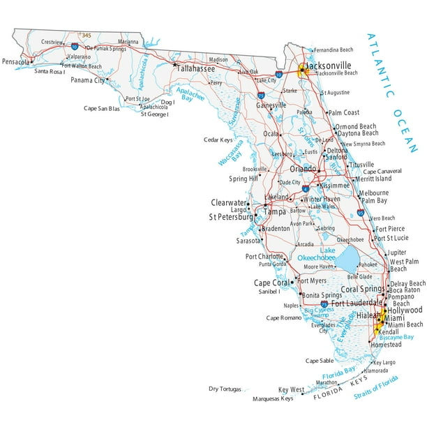 Florida Map â€“ Roads & Cities - Large MAP Vivid Imagery-12 Inch BY 18