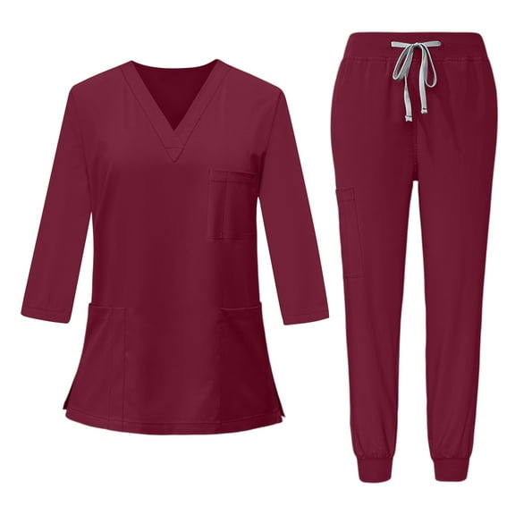 Petite Scrub Sets for Women Comfortable V-Neck Scrub Top & Jogger Scrub Pants Quick Dry Nursing Scrubs Set Stretch Medical Working Uniforms with Multi Pocket for Doctors, Nurses Wine S