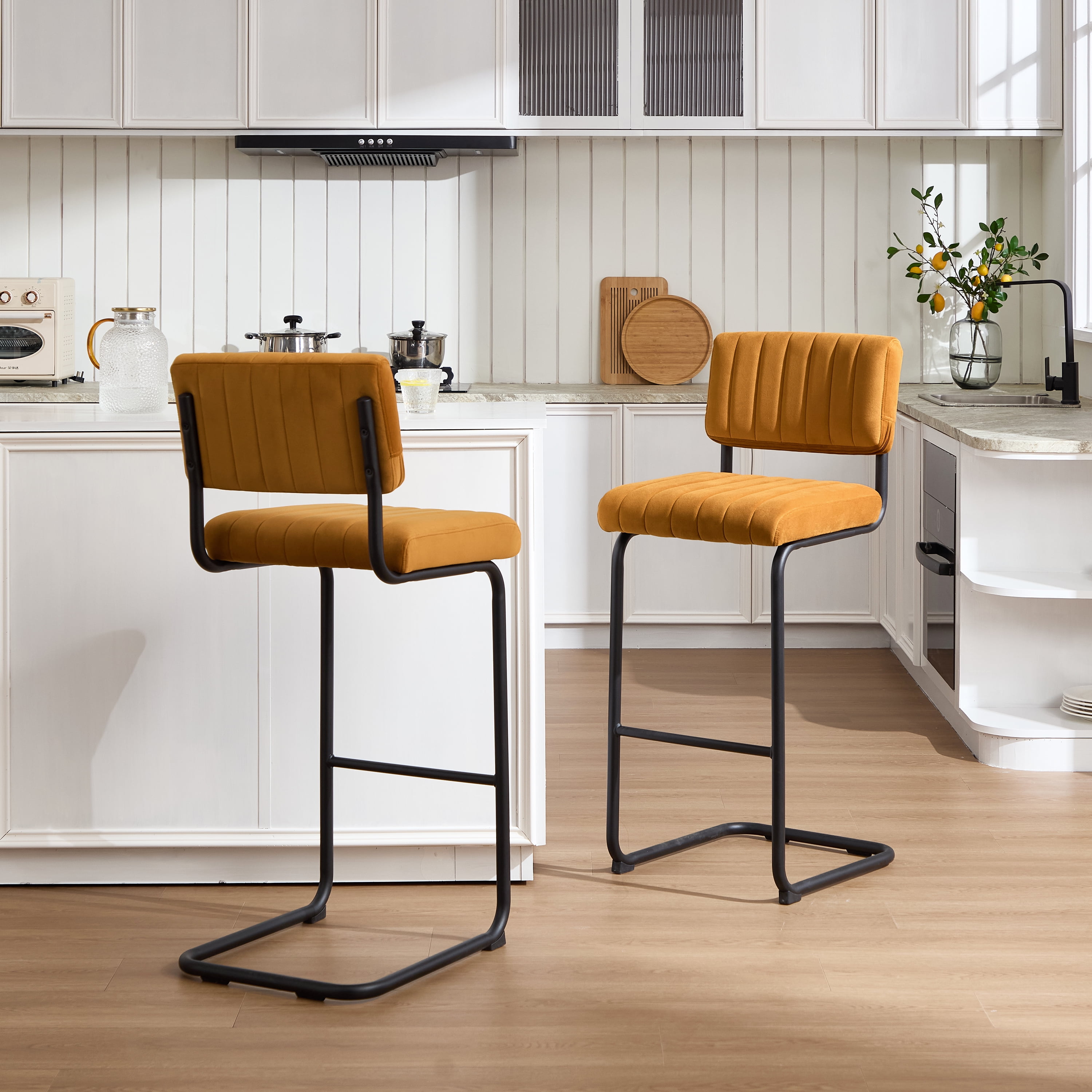 ONEVOG 30''H Bar Height Stools Set of 2, Morden Bar stools with Velvet and Black Metal Legs, Upholstered Bar Stool for Kitchen Island, Cognac