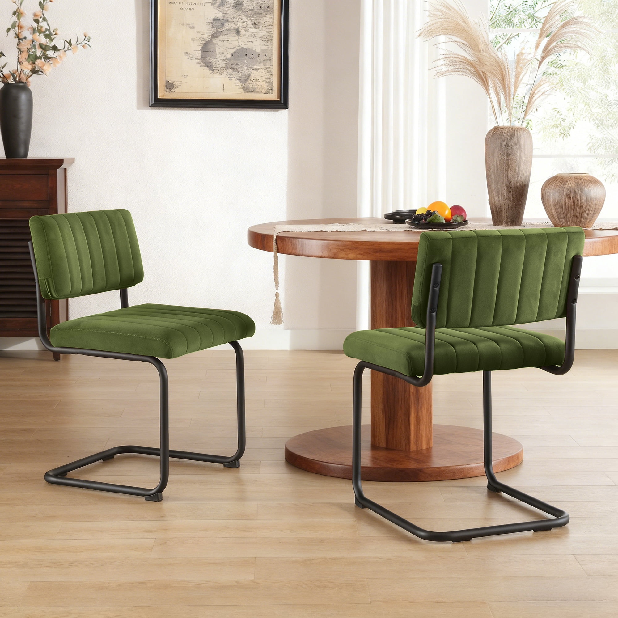 Zesthouse Mid Century Modern Dining Chairs Set of 2, Velvet Upholstered Dining Room Chairs with Metal Legs, Tufted Channel Kitchen Chairs for Dining Living Room, Green