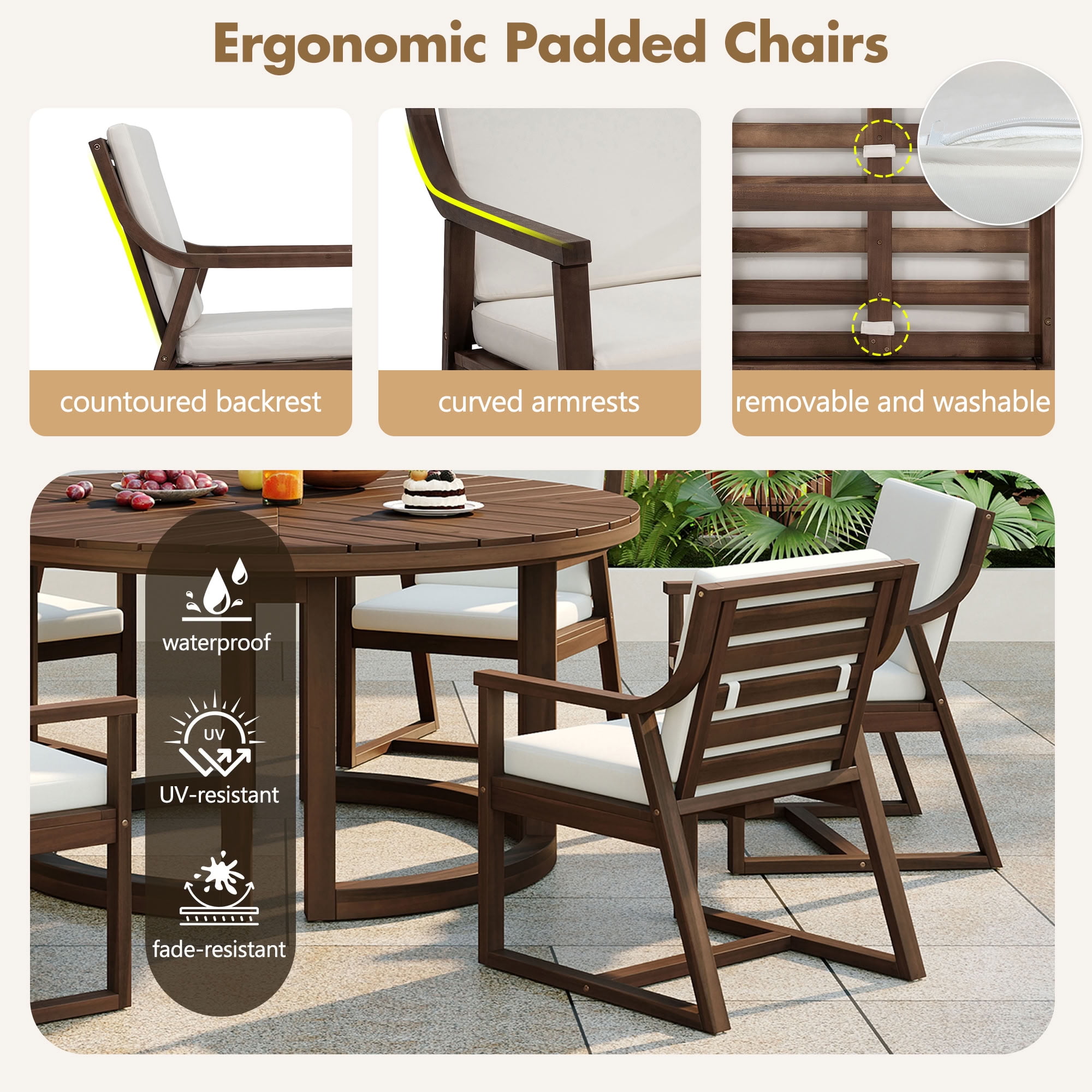 MAYEERTY Patio Dining Table Set for 6, Round Dining Table with 1.96" Umbrella Hole & Removable Cushions for Garden, Backyard and Pools