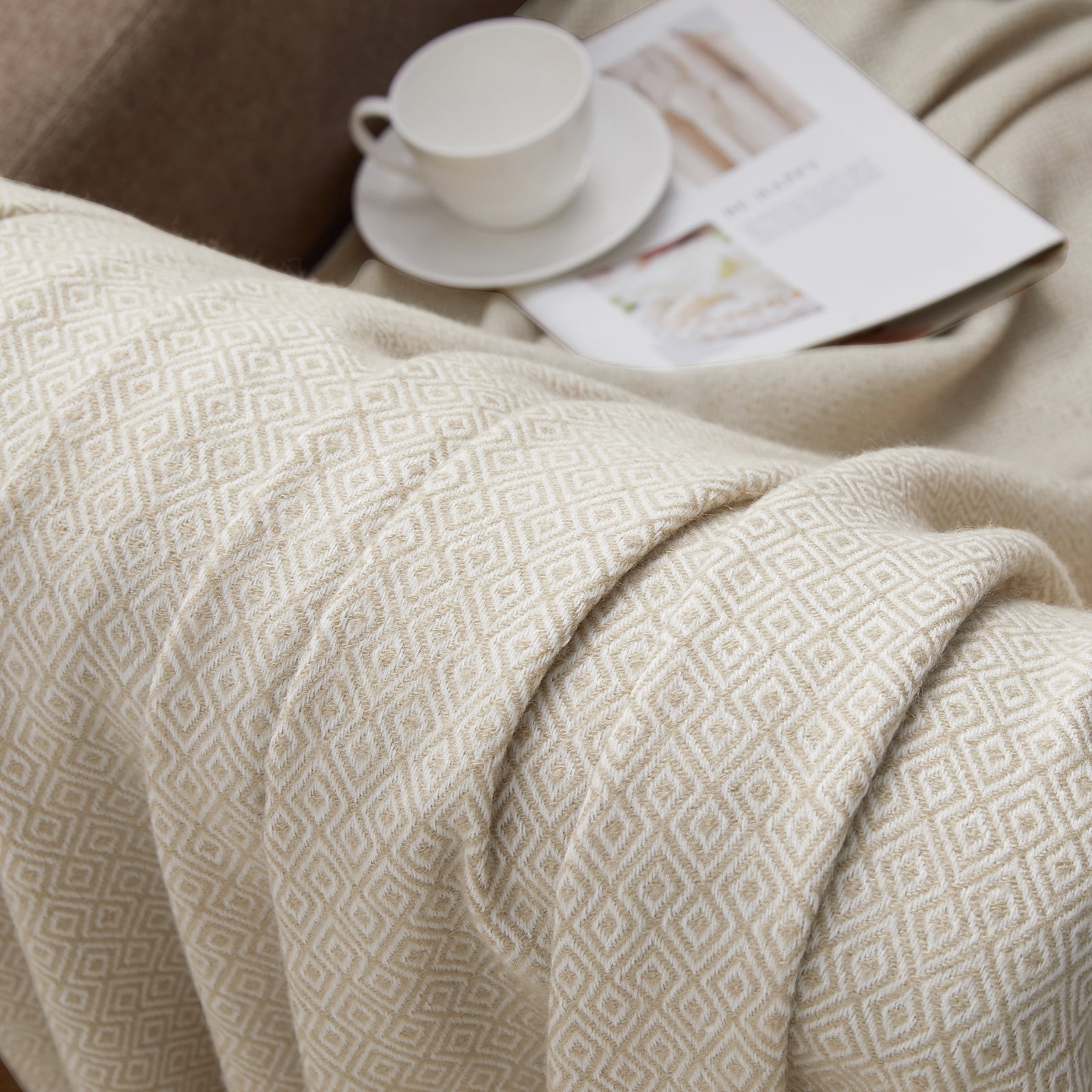 Bourina Herringbone Beige Throw Blanket for Couch, Suitable for Adult, Soft and Lightweight, 50"x 60"
