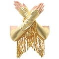 thumbnail image 6 of Kaerm Women 2Pcs Glittery Latin Dance Outfit Cross Front Tassel Leotard with Metallic Gloves Gold S, 6 of 7