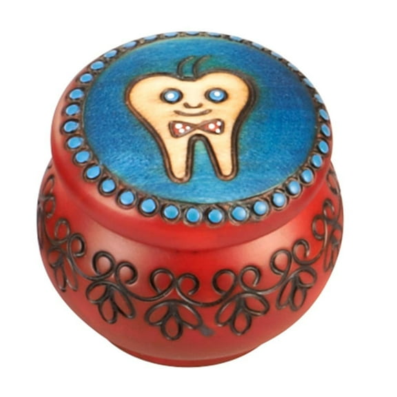 Boy's Tooth Blue Red Round 2 x 2 Inch Wood Carved Decorative Box