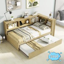 Tcbosik Daybed with Trundle, Twin Size Wood Bed Frame with Charging Station and Open Shelves for Living Room, Guest Room, Bedroom, Space Saving, Wood Color