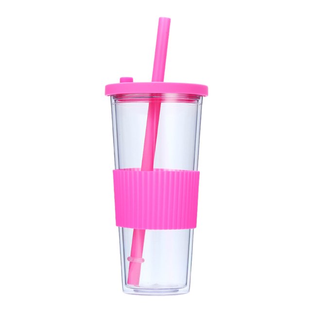 Vaso plano de plástico de 24Oz, vaso reutilizable de gran tamaño, sin bisfenol A, con tapa y pajita.