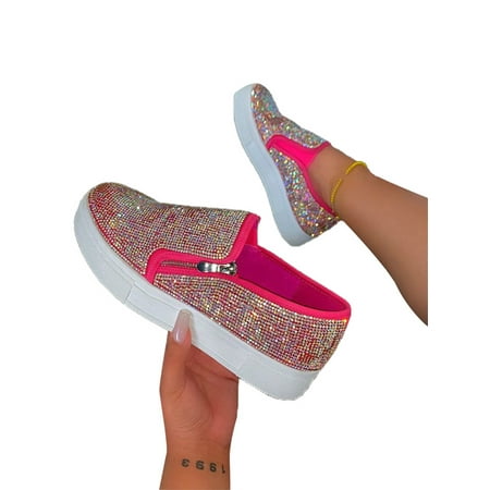 

Sanviglor Women Casual Shoe Slip On Sneakers Non-Slip Loafers Work Zipper Lightweight Skate Shoes Fashion Comfort Flats Rose Red US 8