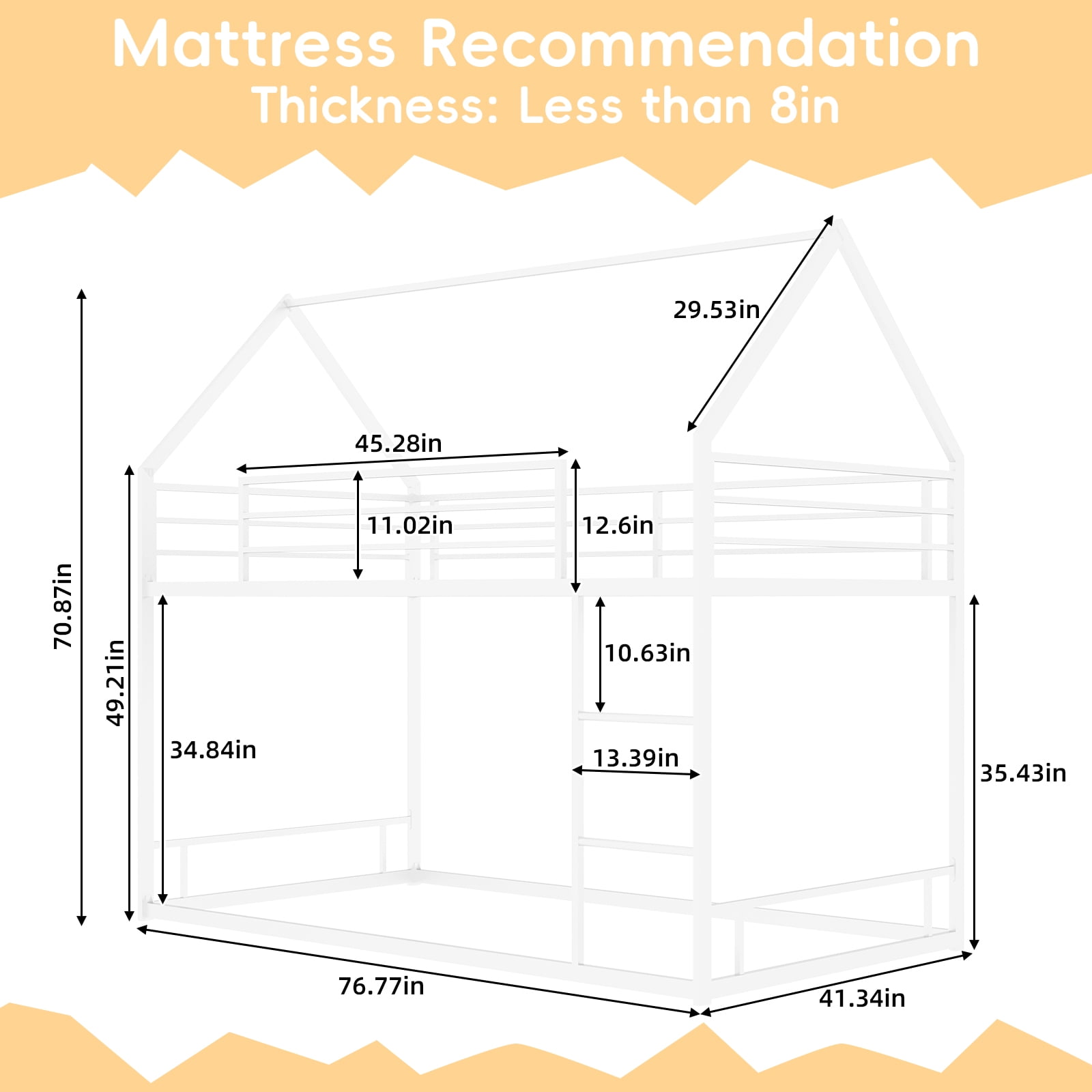 Miniyam Twin Size Metal Loft Bed with Safety Guardrails for Kids, White