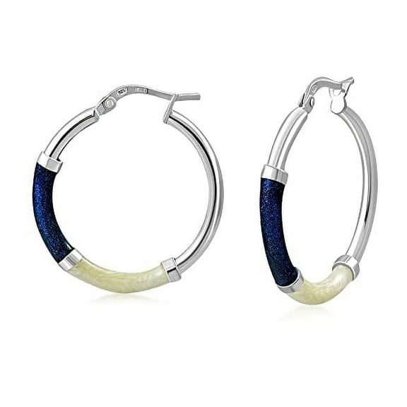 Blue White 925 Sterling Silver Hoop Earrings (L)