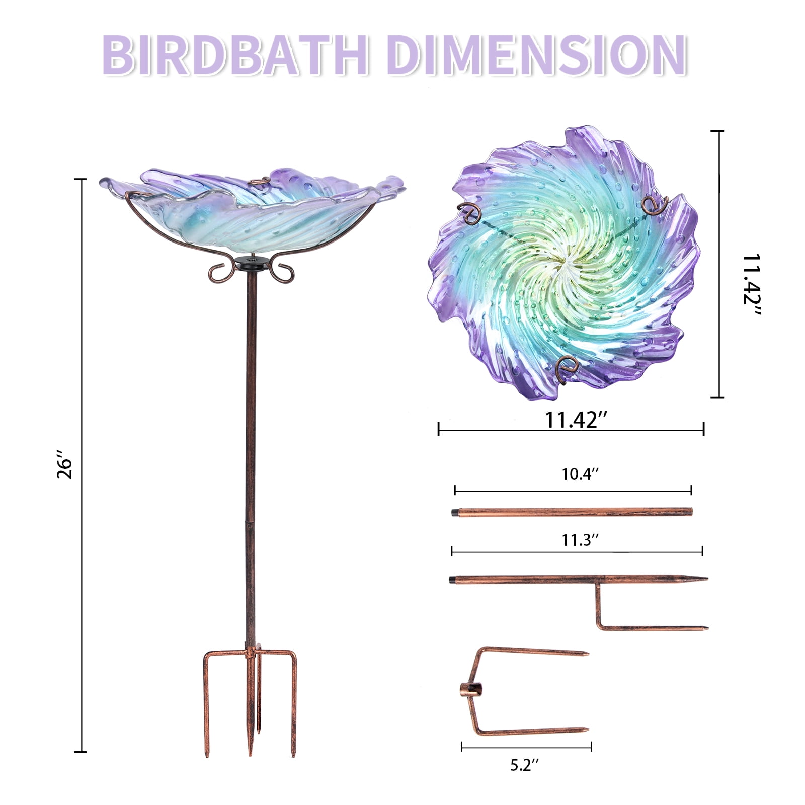 MUMTOP Waterproof Durable Outdoor Glass Bird Baths with Metal Stake Birdbaths