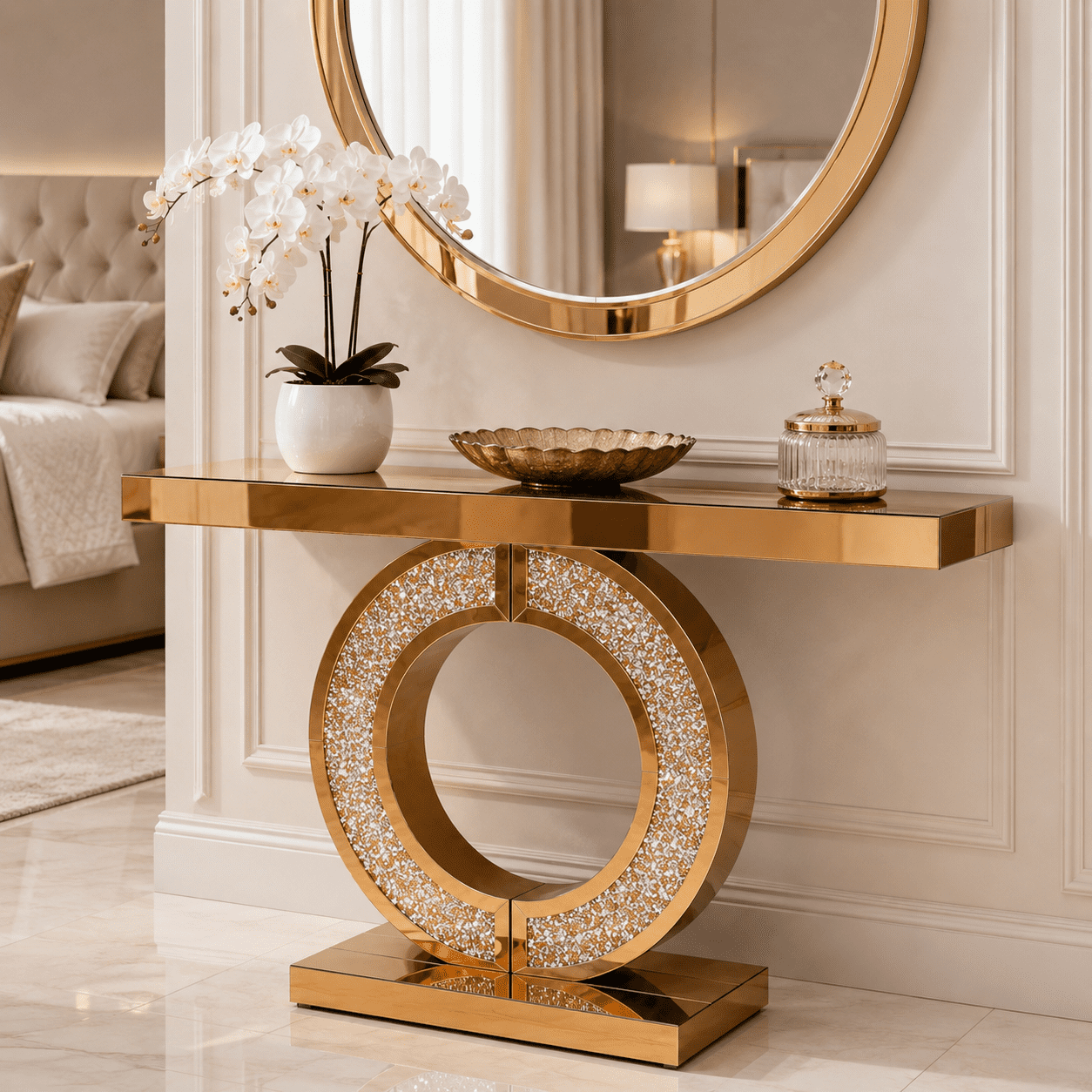 Aukfa 43" Mirrored Console Table, O-Shaped Crystal Inlay Entryway Table with Beveled Edges,Gold