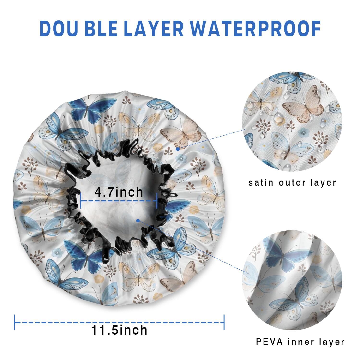 Shower Caps,White Butterfly Flower Pattern Waterproof Shower Cap for Women 4 Pieces,Double Reusable Hair Cover for Shower PEVA Elastic Stretch Hem