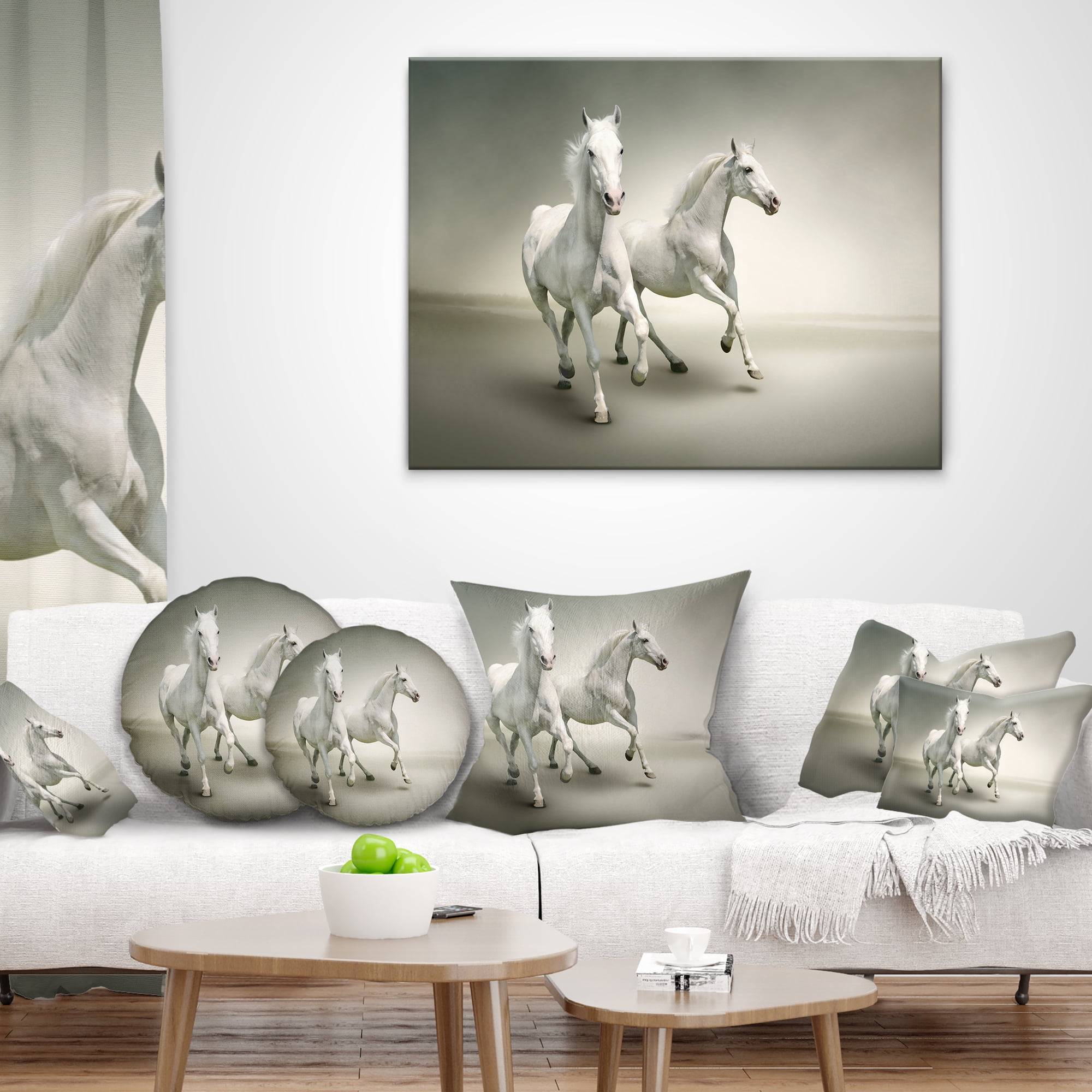 Designart Fast Moving White Horses - Animal Throw Pillow - 18x18