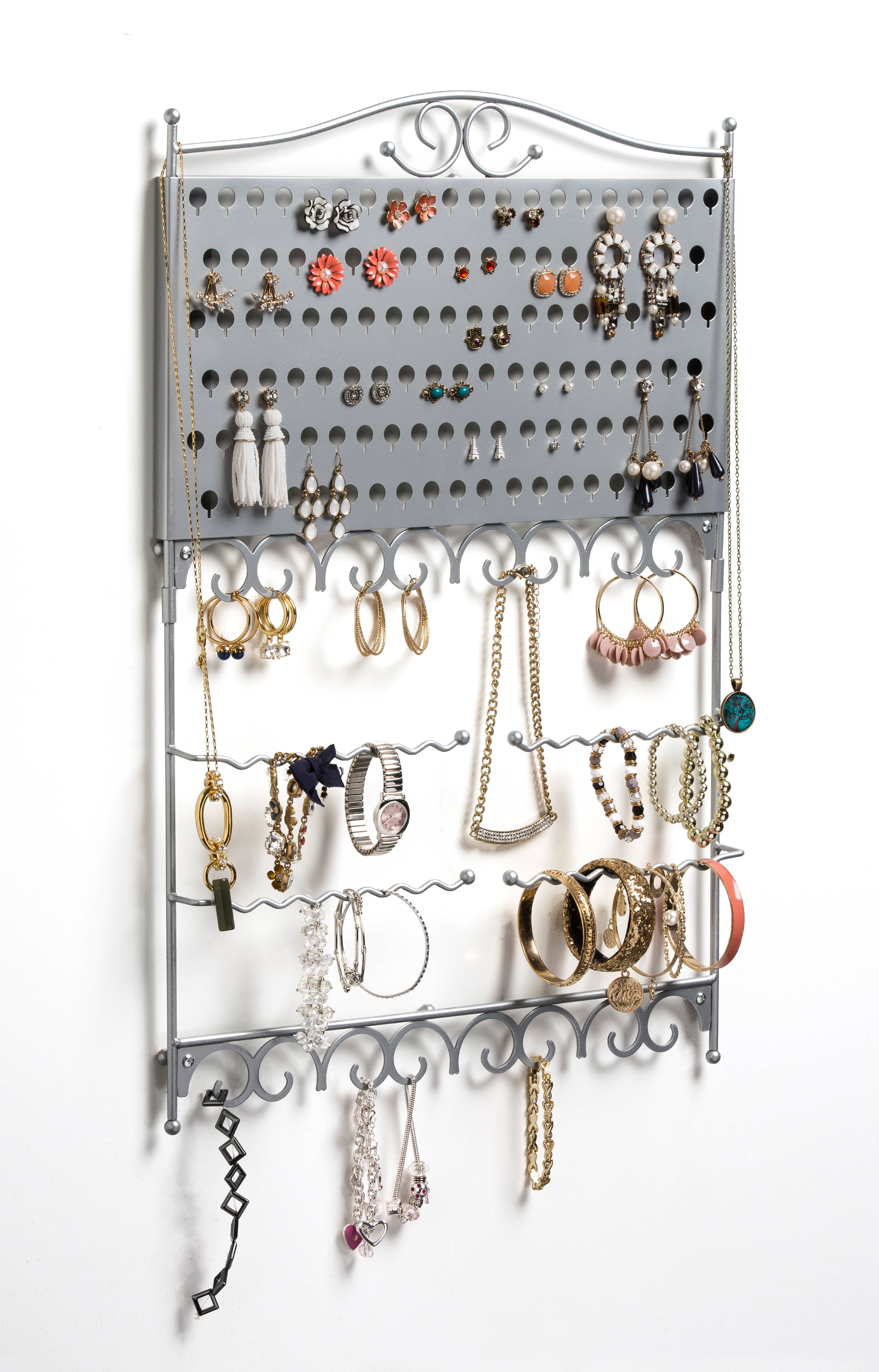 Wall-Mounted Jewelry & Earring Organizer, Silver 
