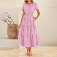 thumbnail image 5 of Ecqkame Summer Dress for Women A Line Empire Waist Tiered Long Dresses Sexy Flowy V Neck Short Sleeve Dress with Pockets Pink L, 5 of 9
