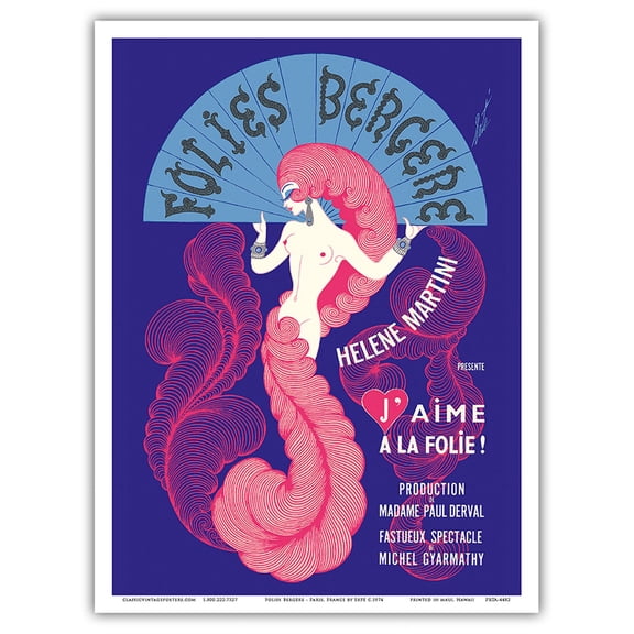 Folies Bergère - Paris France - Hélène Martini starring in I Am Madly in Love! - Vintage Cabaret Poster by Erté c.1974 - Master Art Print (Unframed) 9in x 12in