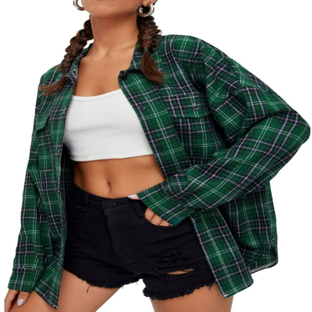 Women Plaid Shirt Flannel Oversized Checked Shirt Long Sleeve Blouse Tops