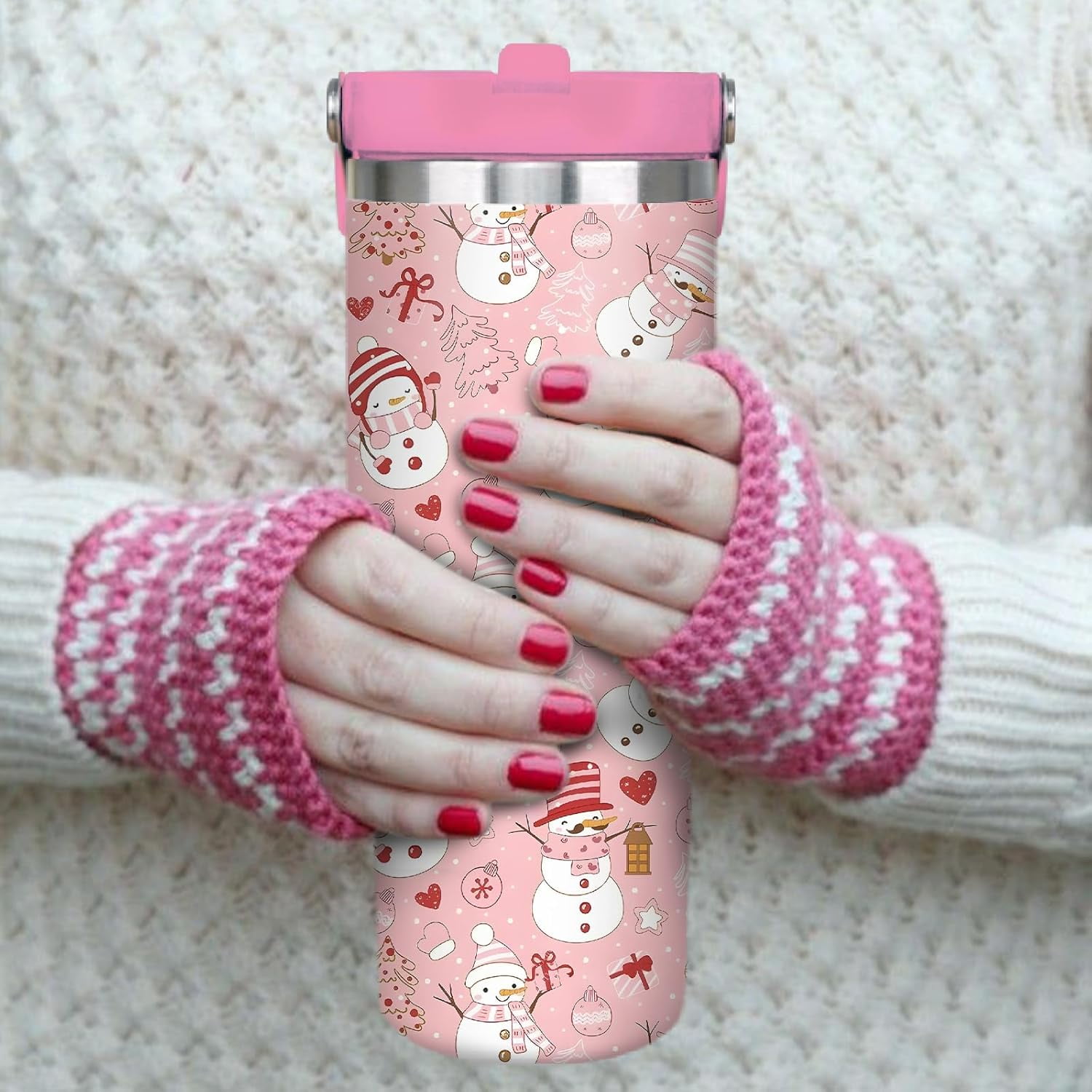 30oz Christmas Tumbler With Handle Lid and Straw, Stainless Steel Pink Xmas Snowman Insulated Coffee Cup, Christmas Gifts for Women/Mom/Daughter/Aunt/Girlfriend