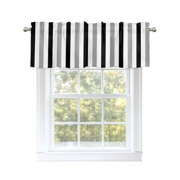 Black Gray Stripes Valances for Windows, Rod Pocket Kitchen Valance Curtains - Soft & Washable Small Window Treatment for Living Room, Bathroom, Geometric Contrast, 54x18inch