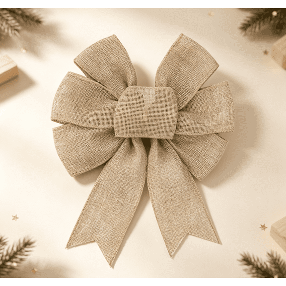 Natural Burlap Bow, Rustic Farmhouse Decorative Bow, Pre‑Tied Jute Bow for Wreath, Front Door, Gift Wrapping, Wedding, Thanksgiving Christmas Home Ornament