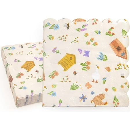 Garden Party Napkins Tea Party Decorations Goose Farm Shed Theme Disposable Paper Napkins Cute Pastel Spring Duck Chicken Kids Birthday Baby Shower First Bday Tableware Supplies Pack of 100