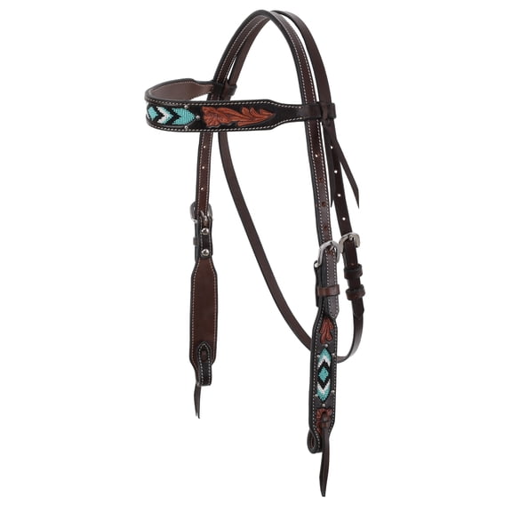 Showman Dark Brown Argentina Cow Leather Browband Headstall w/ Teal Beaded Inlays