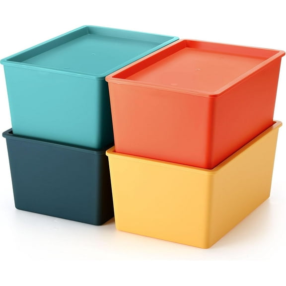 Menkxi 4 Pcs Large Colorful Storage Bins with Lid 10.6 x 7.5 x 4.7 Inch Plastic Storage Basket Stackable Storing Container Cute Decorative Box Cube Cubby Bin for Organizing Shelves Cabinet Classroom