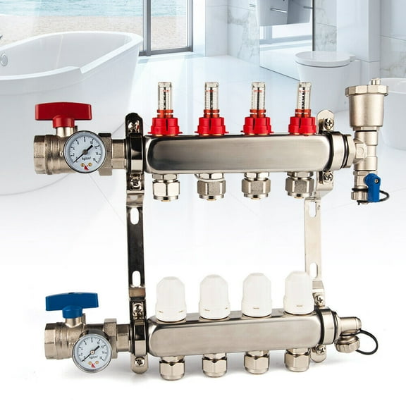 Fichiouy 1/2" PEX 4 Branch Radiant Floor Heating Manifold Set Each Pipe Equiped with Valve