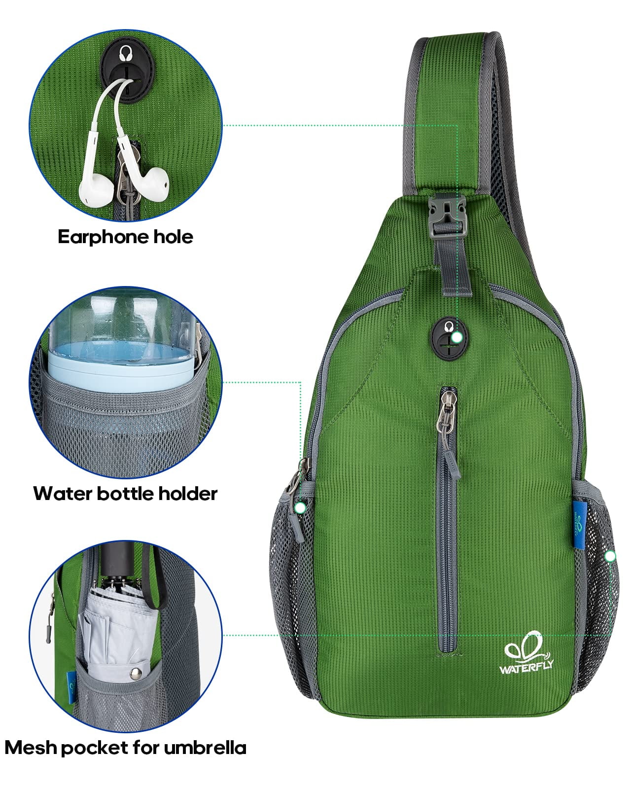 WATERFLY Unisex Hiking Travel Nylon Sling Bag Cross-Body Shoulder Chest Bag,Army Green
