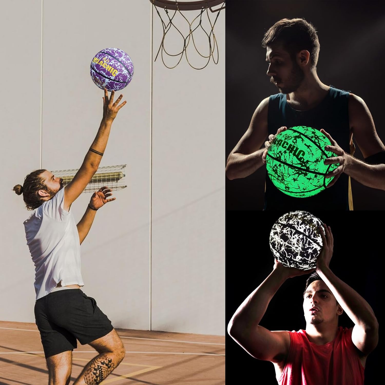 Basketball, Glow in The Dark Holographic Basketball, Official Size 7 Indoor Outdoor Luminous Glowing Leather Basketball 29.5" - with Pump