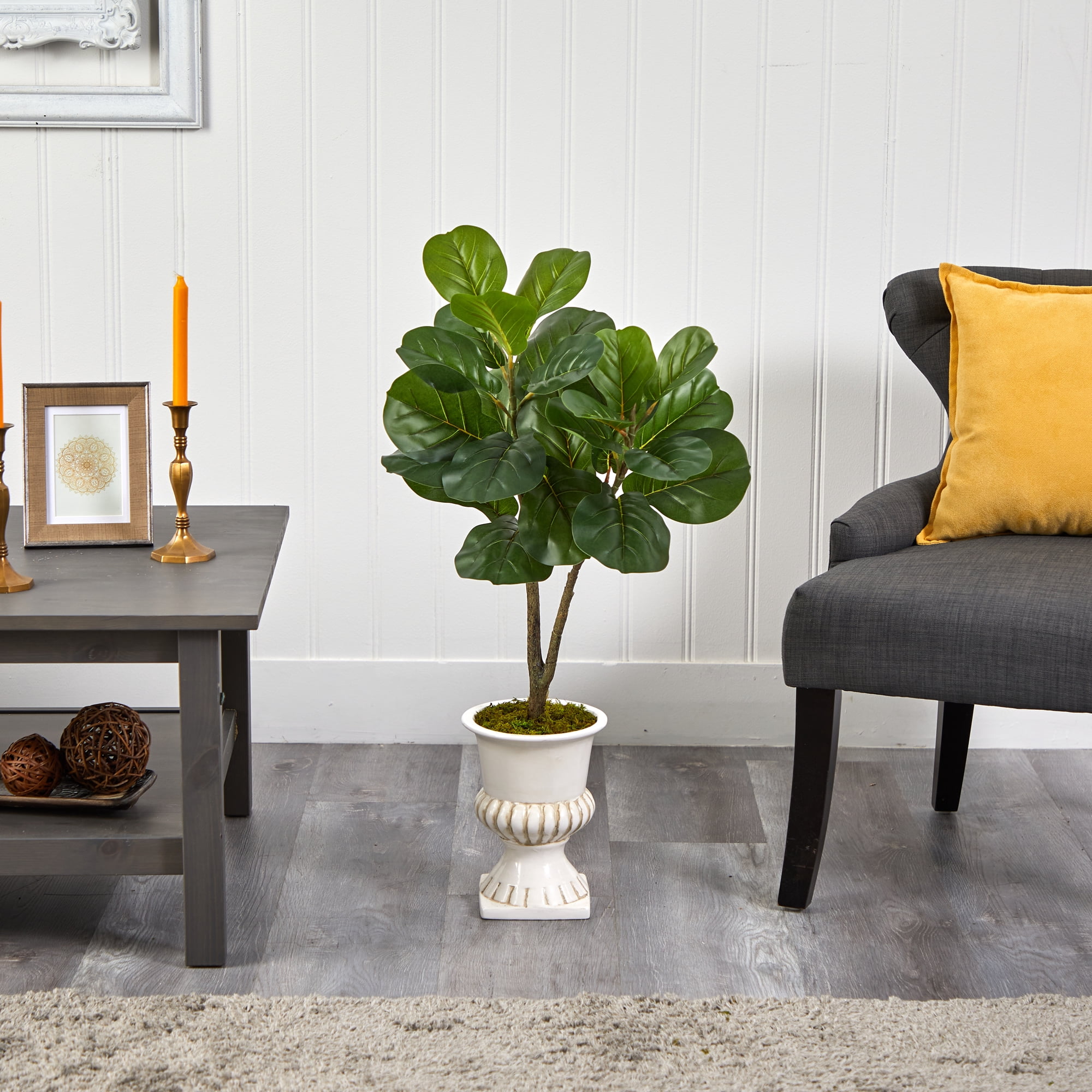 Nearly Natural 3ft. Fiddle Leaf Fig Artificial Tree in White Urn