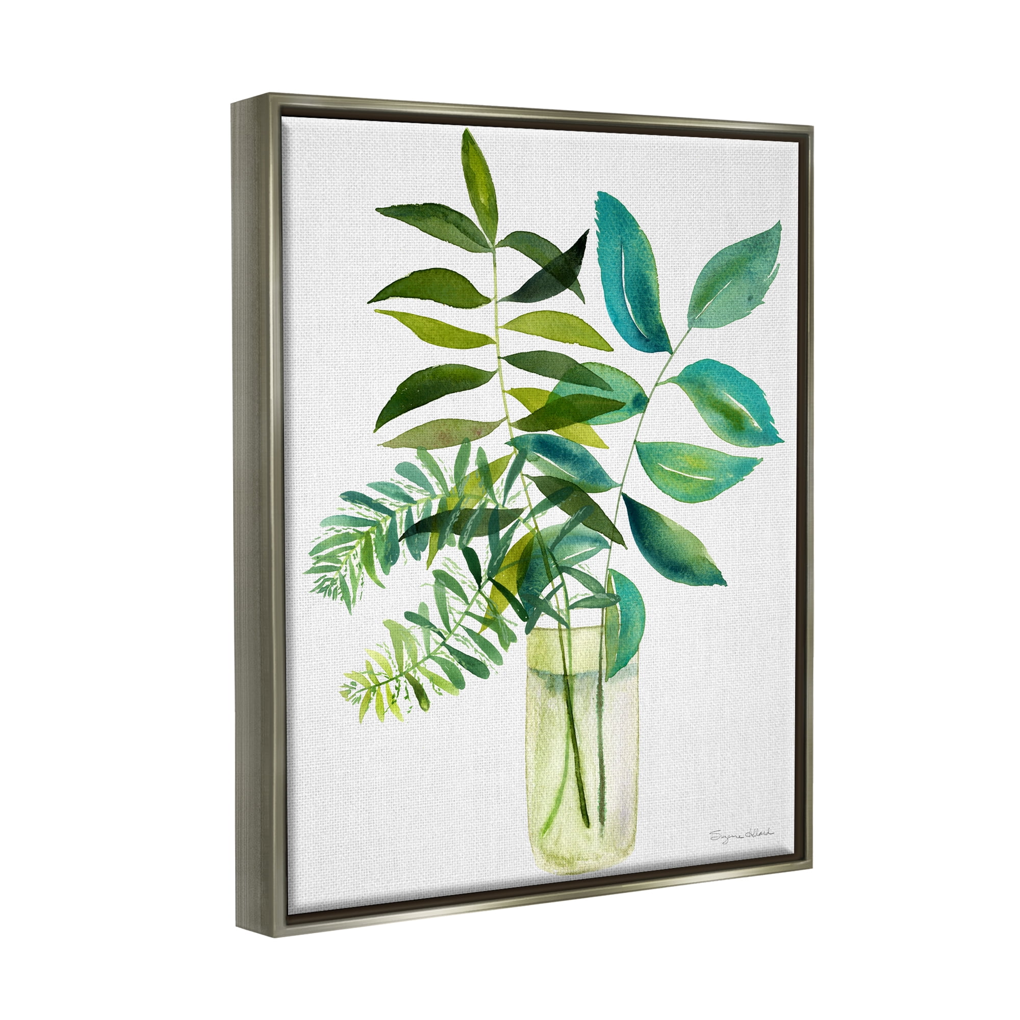 Stupell Industries Simple Green Leaf Sprigs Vase Botanical & Floral Painting Gray Floater Framed Art Print Wall Art