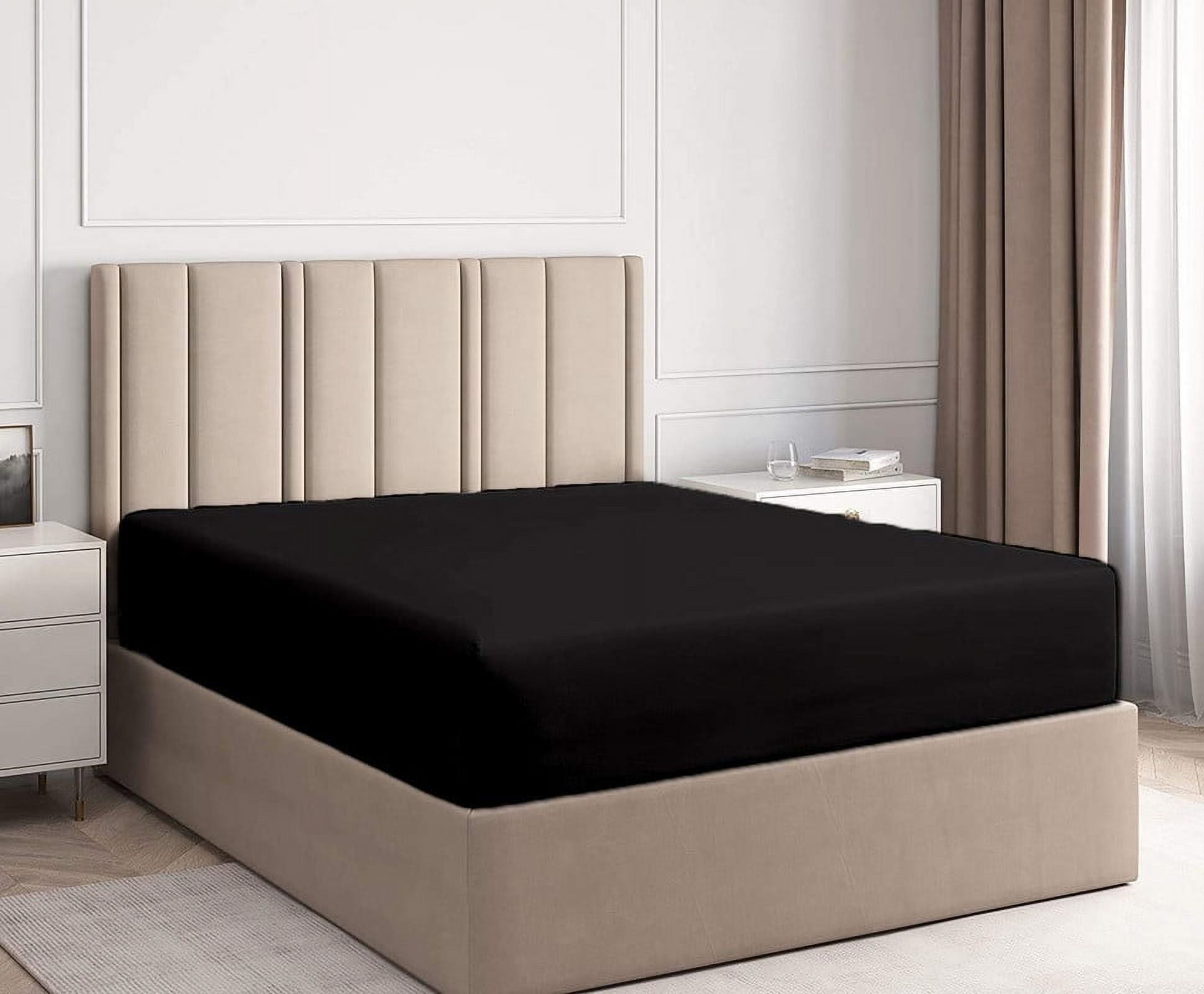 EASY BEDDING Olympic Queen Size Fitted Sheet 1 Piece Only, 100% Egyptian Cotton, 1000 TC, Fits up to 22 Inches Deep Pocket Bottom Sheet-Black Solid