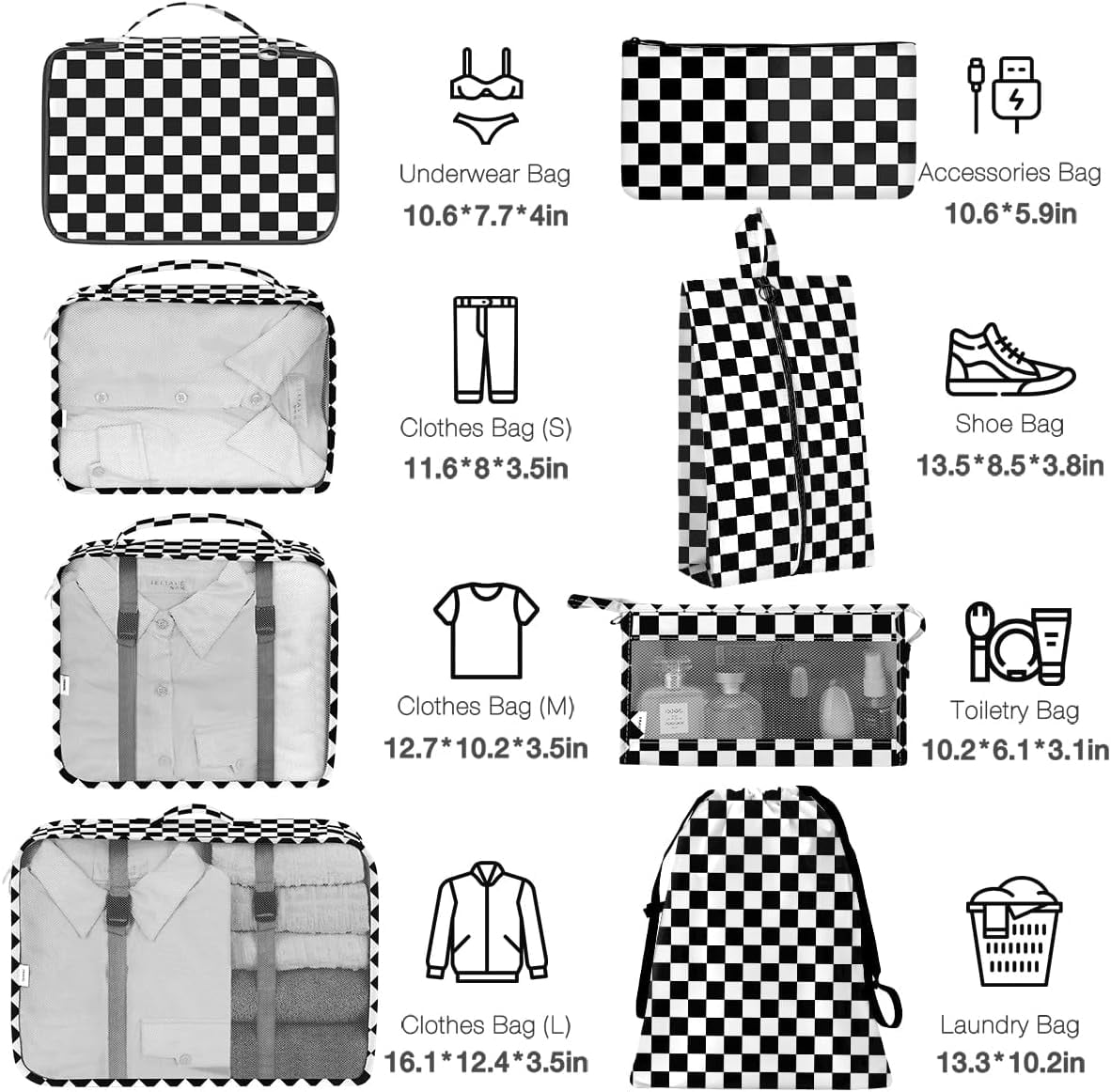 8 Set Packing Cubes for Suitcases,Packing Cube with Shoe, Cosmetics, Clothing, and Accessories Bags Packing Cubes for Travel Luggage Organizer Women Men(Black White Checkered)