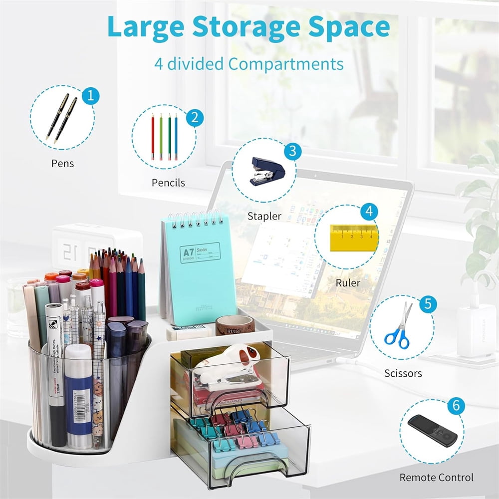 Duslogis Desk Organizer with 2 Drawer, 360°Rotating Pen Holder for Desk, Desk Organizers and Accessories with 6 Slots Pencil Organizer, Art Supply Storage Box Caddy for Office (White)
