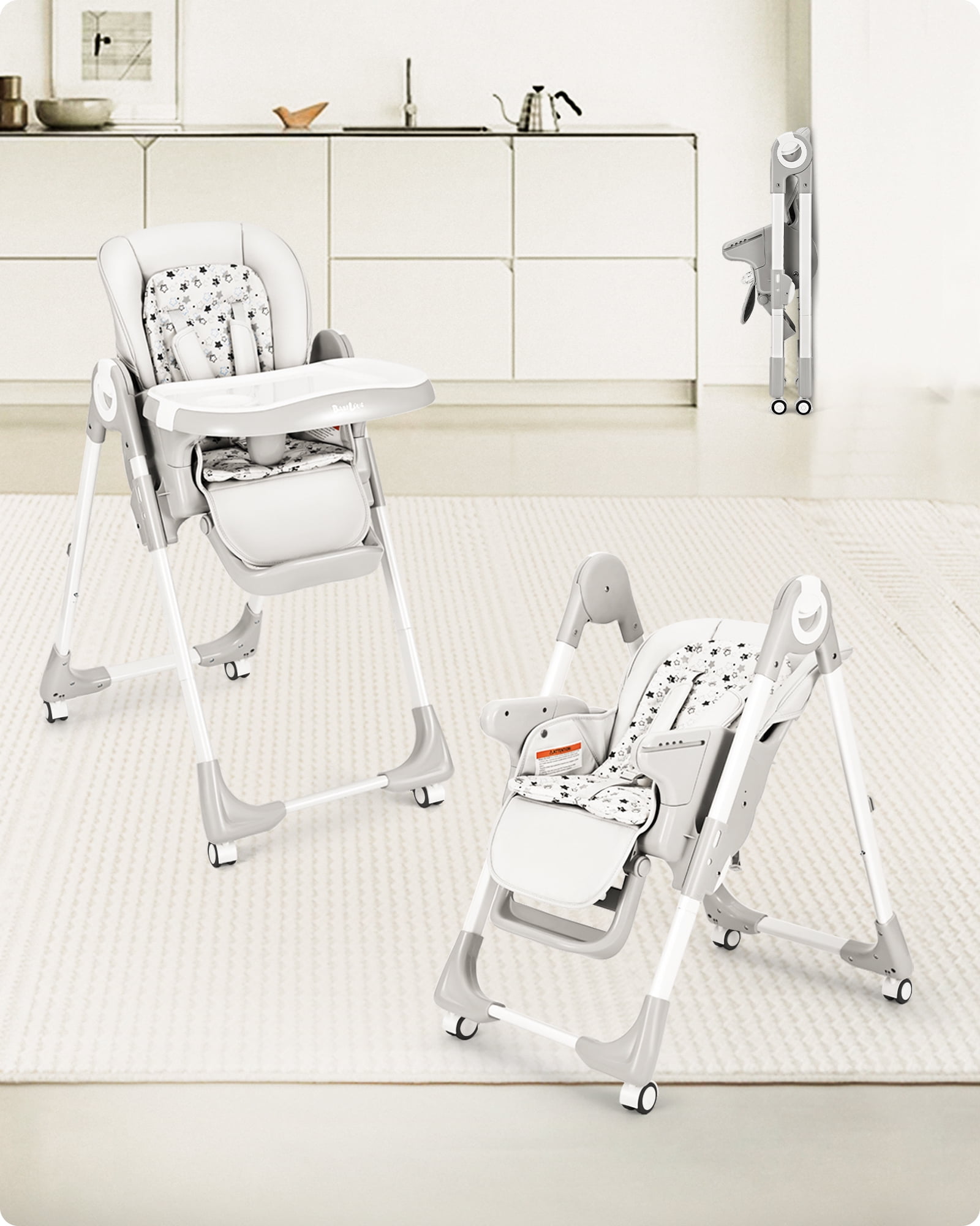 Babilous Foldable High Chair with Soft Cushion, High Chairs for Babies and Toddlers, Height Adjustable Feeding Chair, Adjustable Backrest and Footrest, Lockable Wheels, Gray