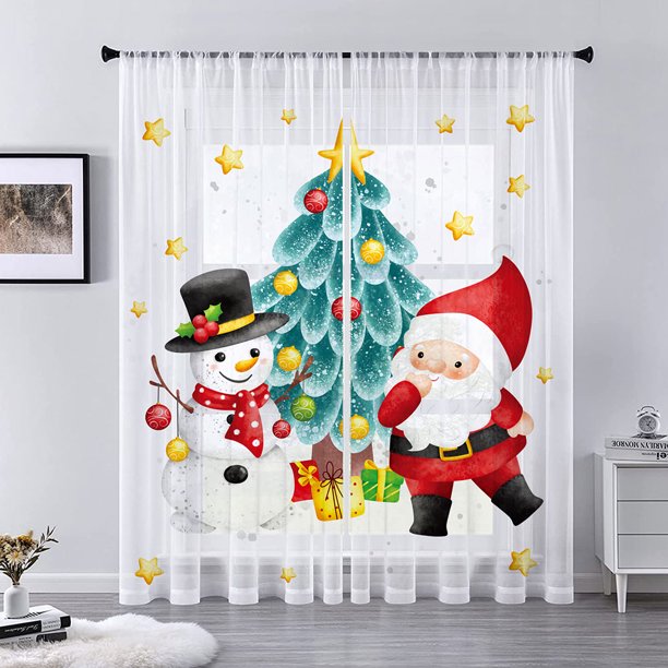 CUH 1Pair Xmas Christmas Sheer Curtain Rod Pocket Voile Window Curtain
