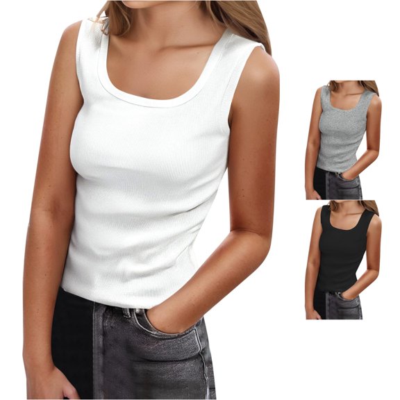 WAYUTE Women Tank Tops Ribbed U Neck Wide Strap Camisole Tops Stretch Slim Sleeveless Basic Layering Shirts for Summer Office Going Out Casual Daily Wear,White,L