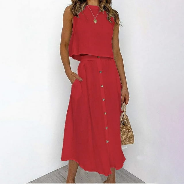 Puntoco Conjunto de dos piezas de vestido con botones de longitud media y camisa informal con cuello redondo para primavera y verano para mujer Puntoco Puntoco-3992