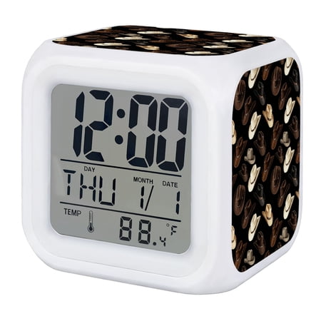 Western Cowboy Digital Alarm Clock for Bedrooms, Smart LED Alarm Clock with 7 Color Changing Night Light, Farmhouse Vintage Country Brown Beige Silent Wake Up Clocks for Sleep Study Cooking 3.2x3.2