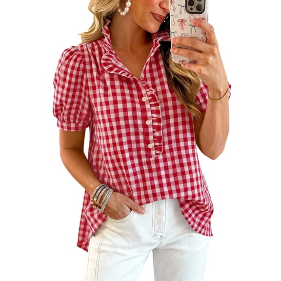 Qgtaibl Women's Puff Short Sleeve Plaid T-Shirts Ruffle V Neck Buttons Shirts Summer Casual Vacation Tee Tops Red S