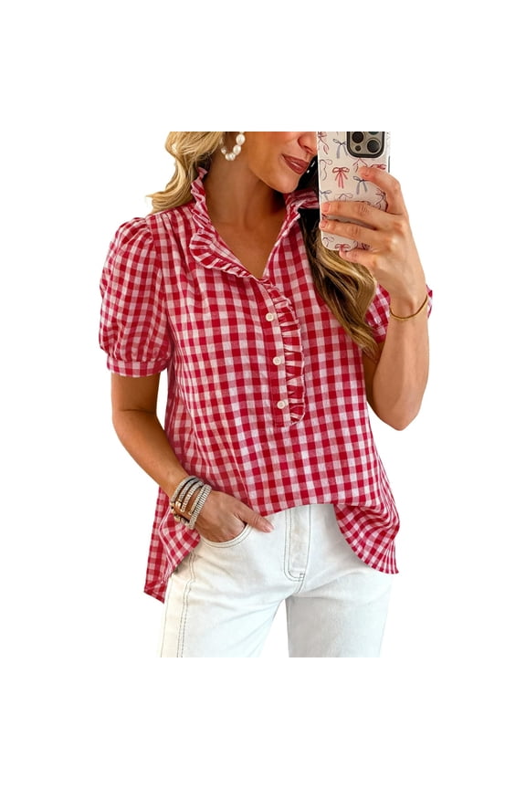 Summer Women's Checked V-Neck Blouse Trendy Ruffle Trim Button Front Short Sleeve Casual Tops Loose Puff Sleeve Shirts for Women A-Red L