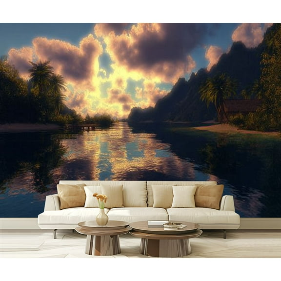 Peel and Stick Wallpaper Coconut Island Sunset Hawaii Sky Clouds Trees Water Body Buildings Modern Art Wall Mural Decor Self Adhesive and Removable 69in x 98in